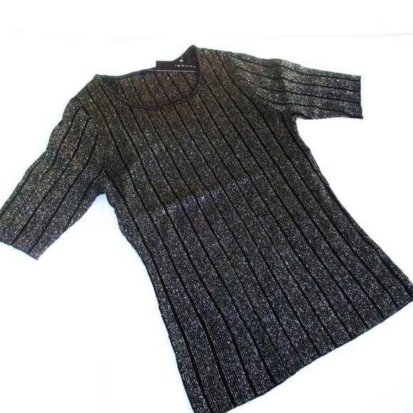 T Tahari Black Gold Shimmer Lurex Ribbed Knit Sweater Top SMALL Metallic nwt - Picture 6 of 6